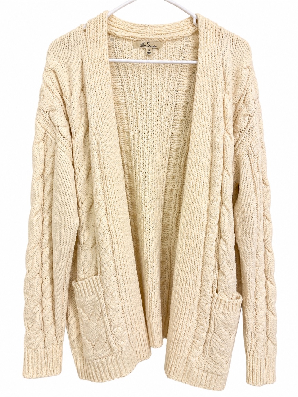 Les Serein Cream Cable-Knit Open Cardigan Sweater PS